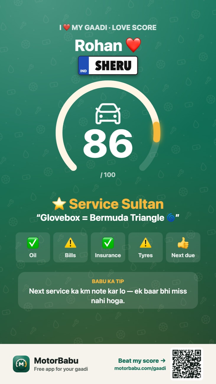 A sample I ❤️ My Gaadi card: Rohan ❤️ SHERU, Gaadi Love Score 86, Service Sultan