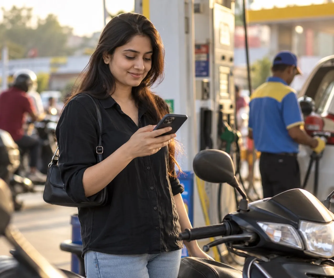 A woman checking a phone beside a scooter at a petrol pump