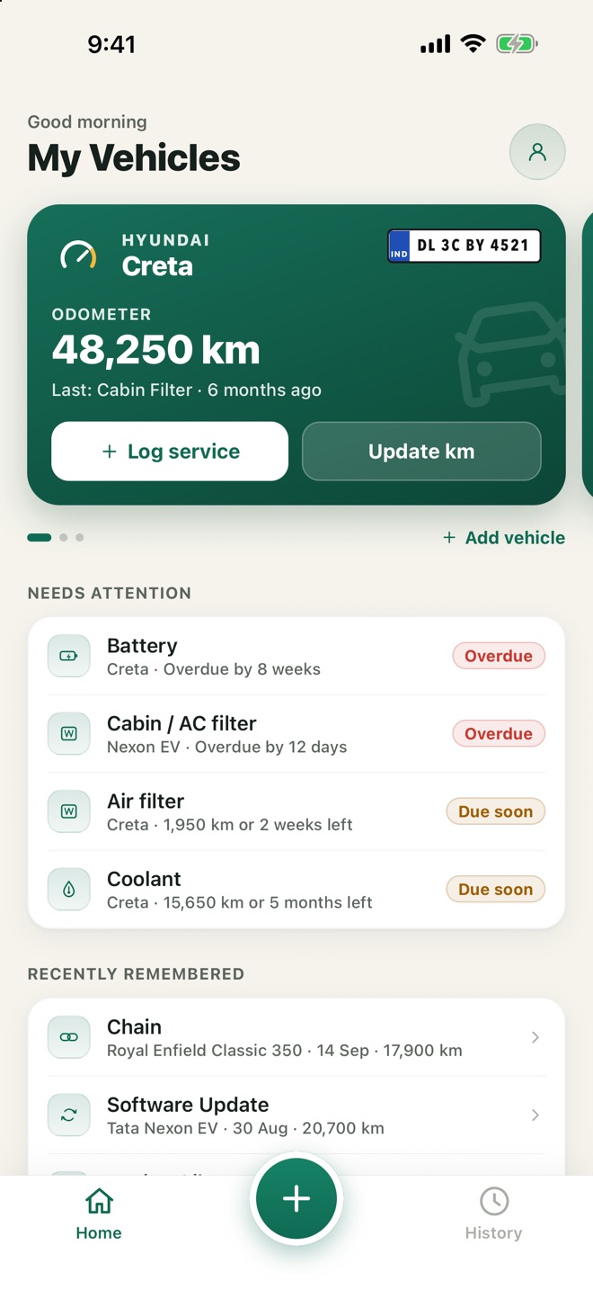 Home: the vehicle carousel and Needs attention