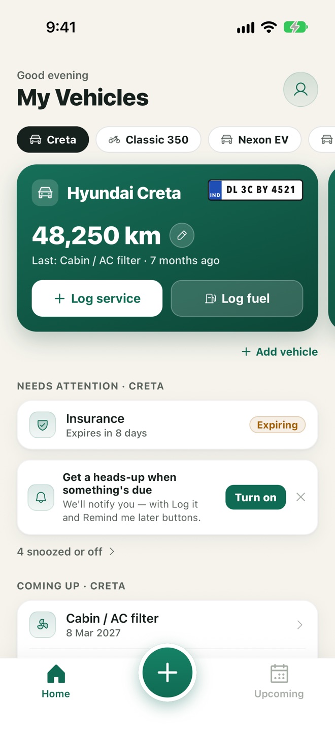 Home: the vehicle card, Needs attention and Coming up