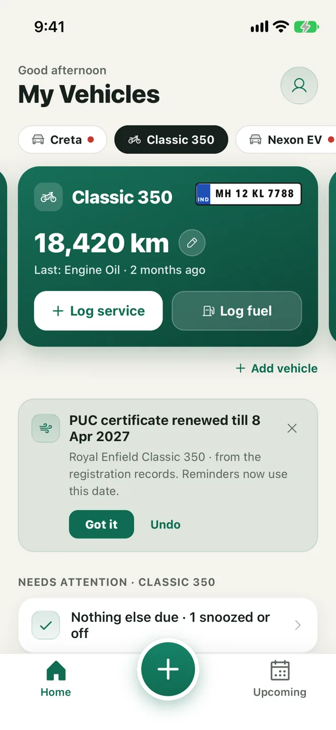 PUC certificate renewed till 8 Apr 2027, updated from the registration records, with Undo