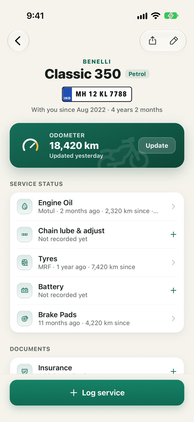 A Benelli Classic 350's service status, documents and odometer