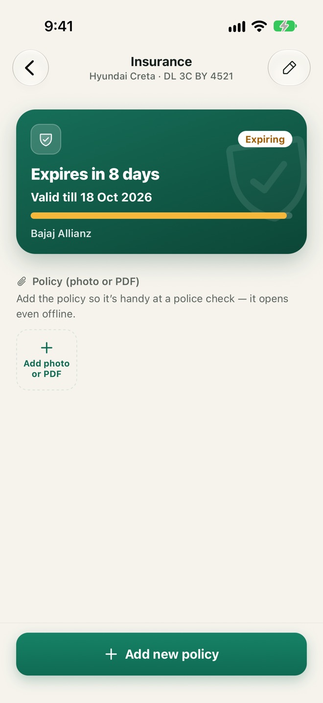 A Hyundai Creta's insurance: expires in 8 days, valid till 18 Oct 2026, Bajaj Allianz